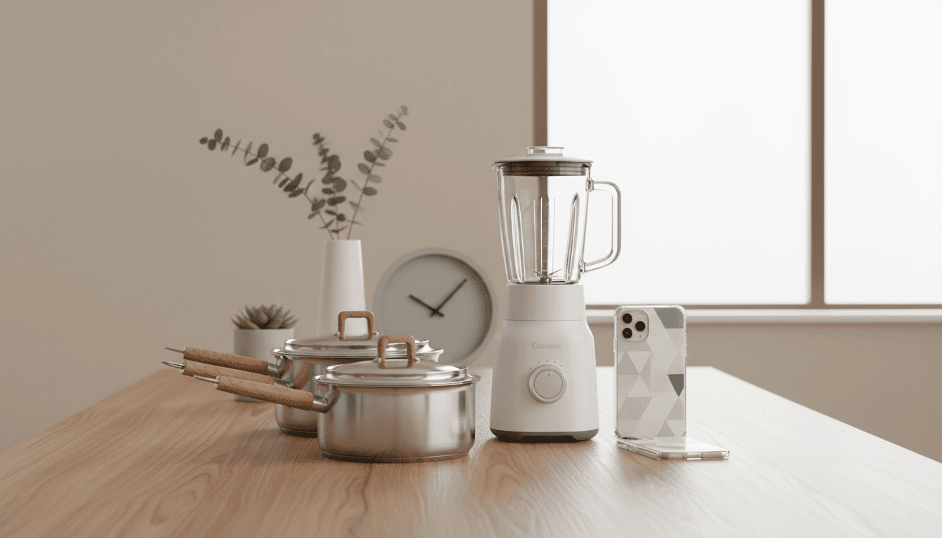 assorted household products on a clean wooden table including a blender, pots, and phone case with modern minimal decor
