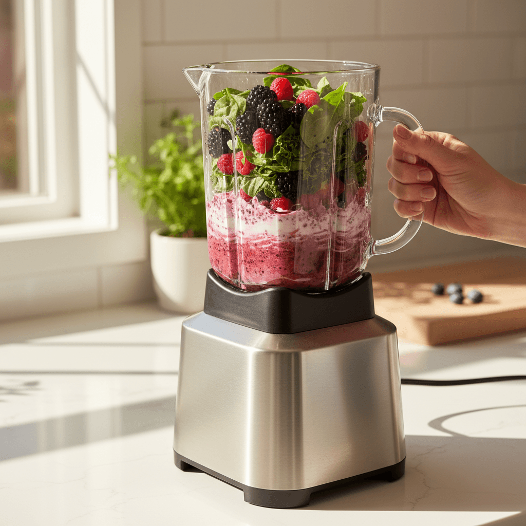 countertop blender and coffee maker in clean kitchen