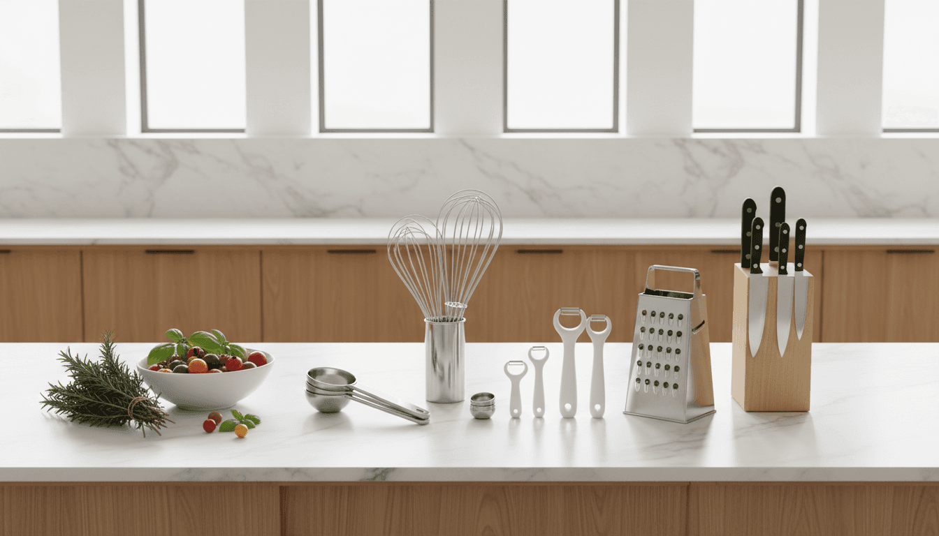 hanging kitchen utensils including spatula and whisk