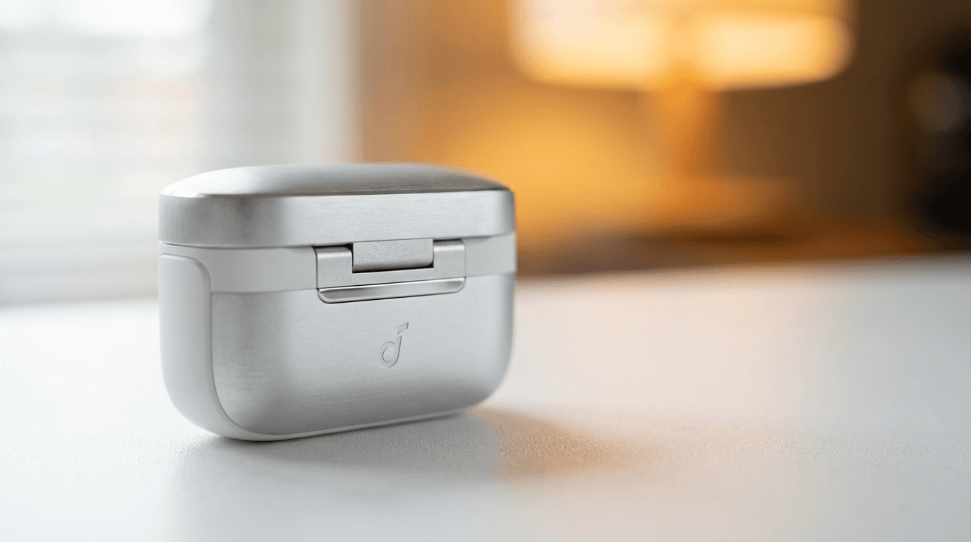 wireless earbuds in charging case beside laptop