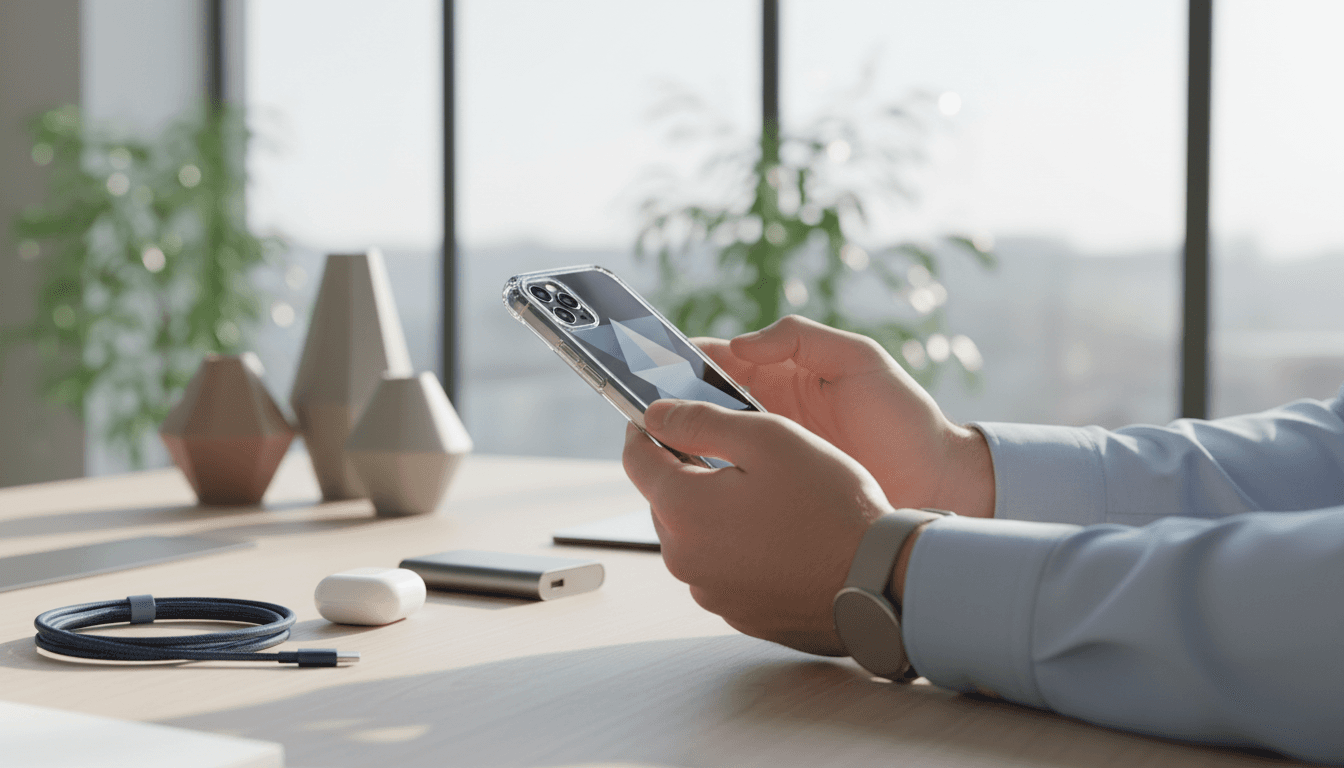 smartphone with protective case on a desk